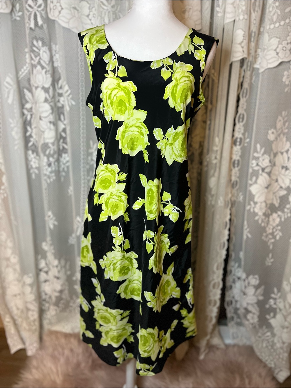Vintage Jessica Black Midi Dress with Lime Green Floral Print Large